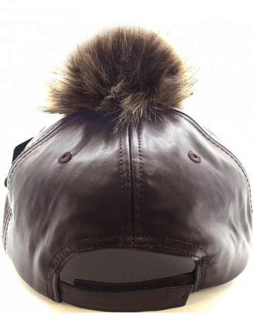 Baseball Caps Faux Leather 6 Panel Pom Pom Baseball Cap - Brown - CG12HL1YI4B $27.28