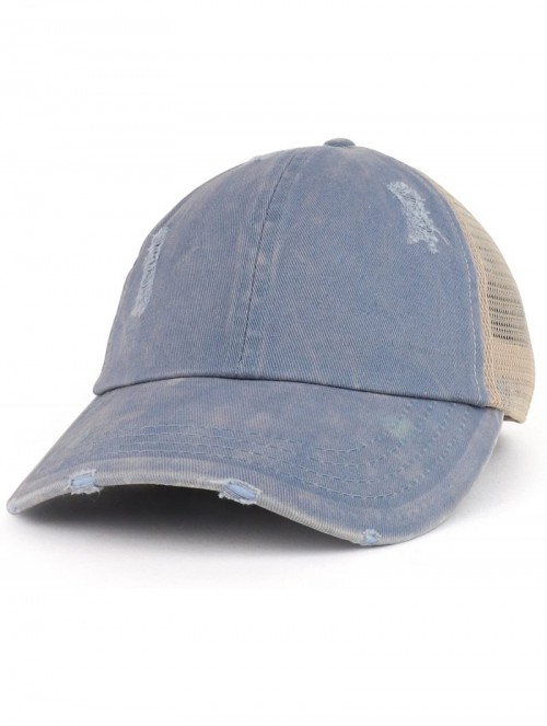 Baseball Caps Ladies Ponytails Unstructured Distressed Mesh Back Trucker Cap - Blue - C618D998ARO $21.69