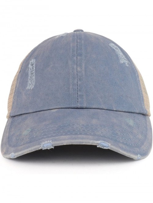 Baseball Caps Ladies Ponytails Unstructured Distressed Mesh Back Trucker Cap - Blue - C618D998ARO $21.69