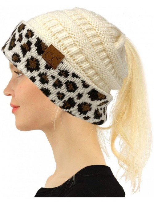 Skullies & Beanies Ponytail Messy Bun BeanieTail Soft Winter Knit Stretch Beanie Hat - Leopard Ivory - CF18AEK49LW $22.69