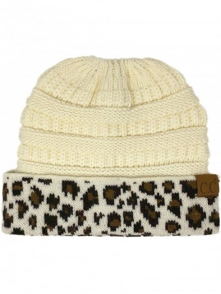 Skullies & Beanies Ponytail Messy Bun BeanieTail Soft Winter Knit Stretch Beanie Hat - Leopard Ivory - CF18AEK49LW $22.69