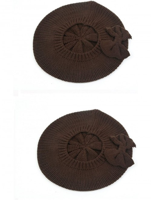Berets Women's Fashion Knitted Beret Gill Pattern with Bow 162HB - 2 Pcs Brown & Brown - CW1267YOIVV $30.12