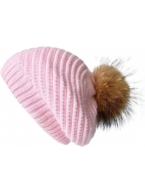 Berets Ladies Wool Knit Beret Braided Cable Hat in Pink with Real Raccoon Fur Pom Pom - CA18YGL6YQN $28.08