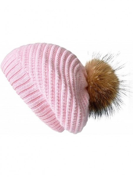 Berets Ladies Wool Knit Beret Braided Cable Hat in Pink with Real Raccoon Fur Pom Pom - CA18YGL6YQN $28.08