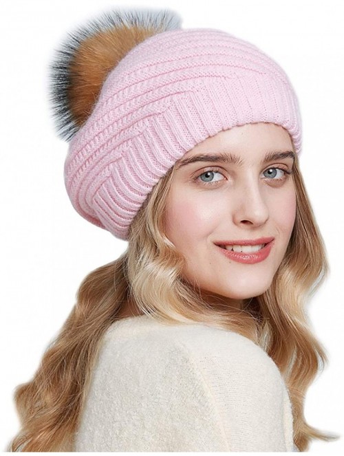 Berets Ladies Wool Knit Beret Braided Cable Hat in Pink with Real Raccoon Fur Pom Pom - CA18YGL6YQN $28.08