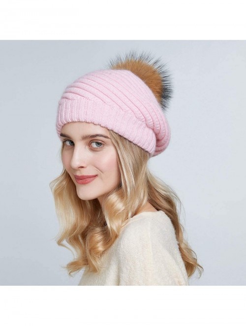 Berets Ladies Wool Knit Beret Braided Cable Hat in Pink with Real Raccoon Fur Pom Pom - CA18YGL6YQN $28.08