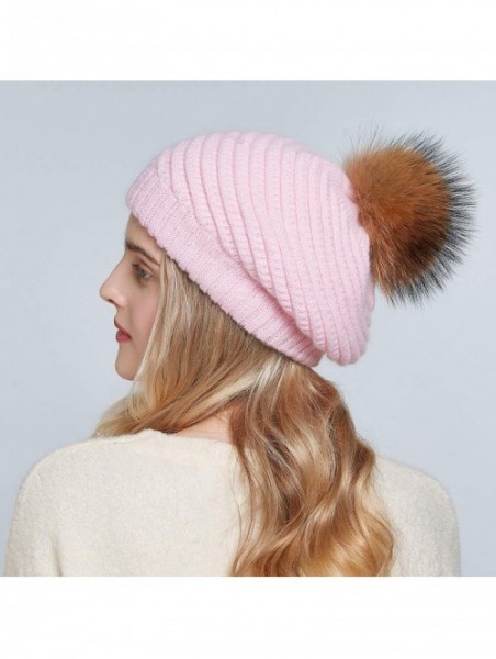 Berets Ladies Wool Knit Beret Braided Cable Hat in Pink with Real Raccoon Fur Pom Pom - CA18YGL6YQN $28.08