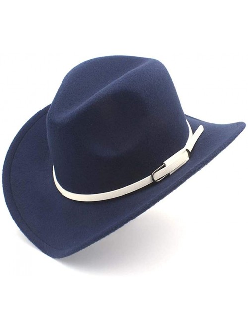 Cowboy Hats Wool Blend Wide Brim Western Cowboy Hat Cowgirl Jazz Cap White Leather Belt - Navy Blue - CH18IIZ598K $15.38