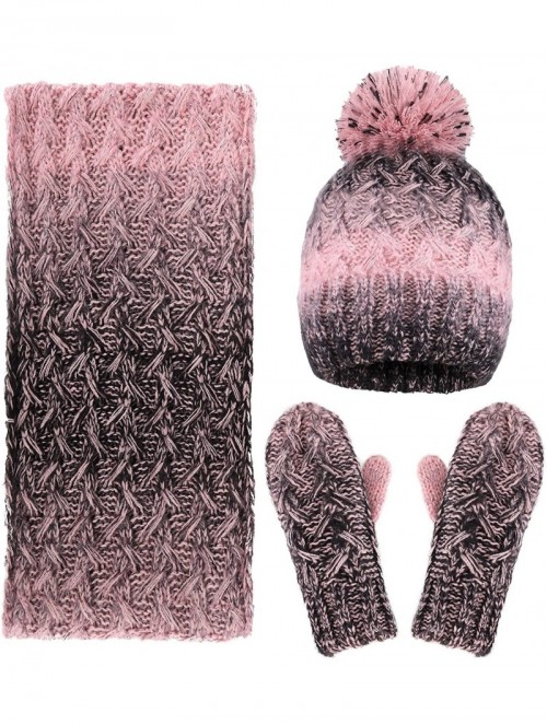 Skullies & Beanies 3 in 1 Women Soft Warm Thick Cable Knitted Hat Scarf & Gloves Winter Set - Pink/Black Gloves W/ Lined - CE...