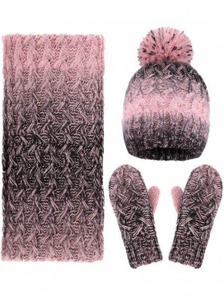 Skullies & Beanies 3 in 1 Women Soft Warm Thick Cable Knitted Hat Scarf & Gloves Winter Set - Pink/Black Gloves W/ Lined - CE...