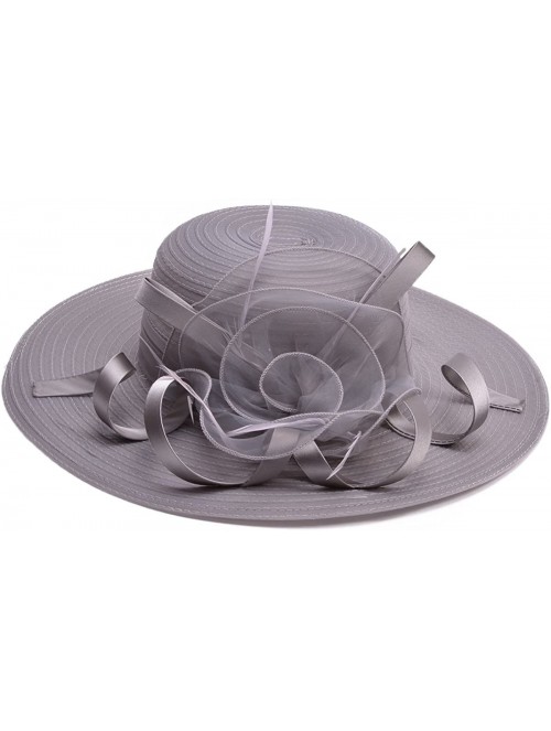 Sun Hats Womens Wide Brim Sun Hat Floral Ribbon Derby Dress Solid Color T236 - Gray - C9182OWYMAX $17.46