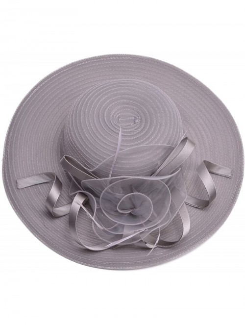 Sun Hats Womens Wide Brim Sun Hat Floral Ribbon Derby Dress Solid Color T236 - Gray - C9182OWYMAX $17.46