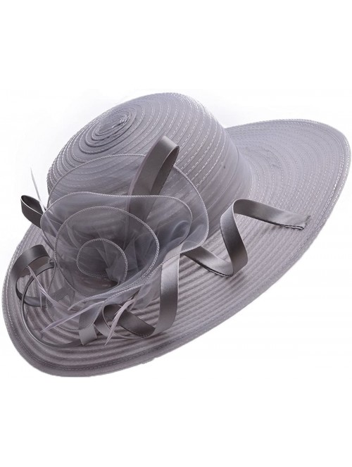 Sun Hats Womens Wide Brim Sun Hat Floral Ribbon Derby Dress Solid Color T236 - Gray - C9182OWYMAX $17.46