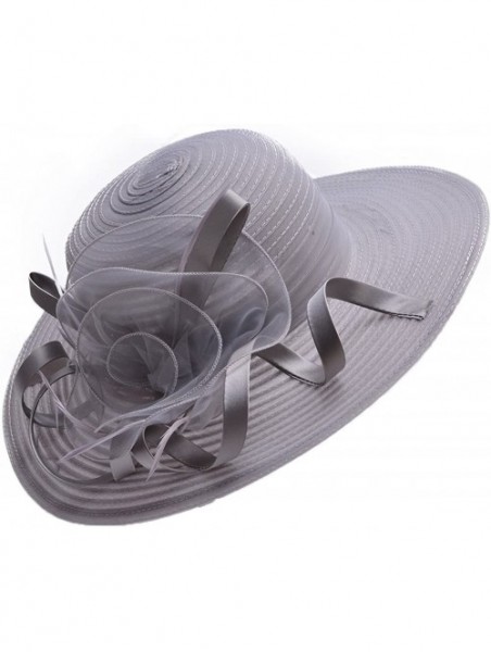 Sun Hats Womens Wide Brim Sun Hat Floral Ribbon Derby Dress Solid Color T236 - Gray - C9182OWYMAX $17.46