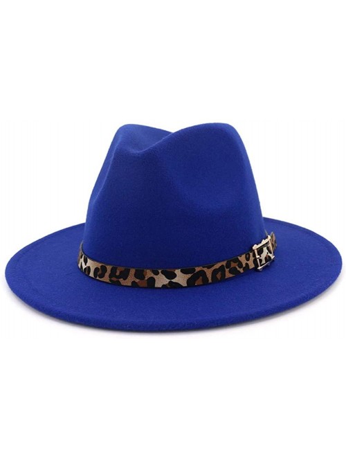 Fedoras Women's Wide Brim Felt Fedora Panama Hat with Leopard Belt Buckle - Blue - CK18IZTWCYT $19.58