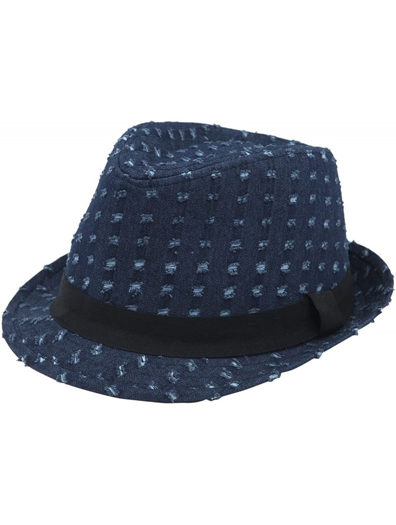 Fedoras Premium Distressed Jeans Fabric Black Band Fedora Hat - Dark Blue - CC125VM3B0J $12.74