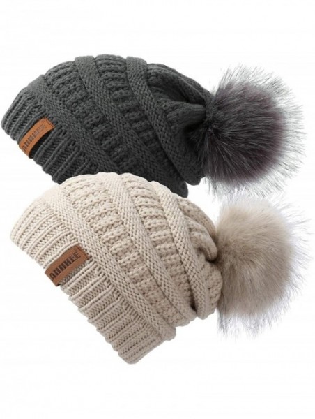 Skullies & Beanies Women Knit Beanie hat with Faux Fur Pom Pom Hats Thick Soft Warm Slouchy Chunky Baggy Ski Cap for Lady - C...