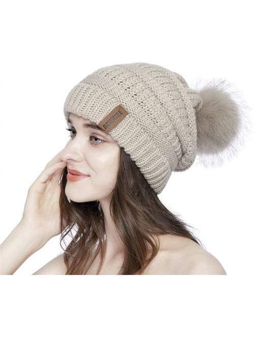 Skullies & Beanies Women Knit Beanie hat with Faux Fur Pom Pom Hats Thick Soft Warm Slouchy Chunky Baggy Ski Cap for Lady - C...