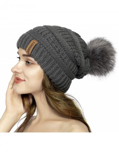 Skullies & Beanies Women Knit Beanie hat with Faux Fur Pom Pom Hats Thick Soft Warm Slouchy Chunky Baggy Ski Cap for Lady - C...