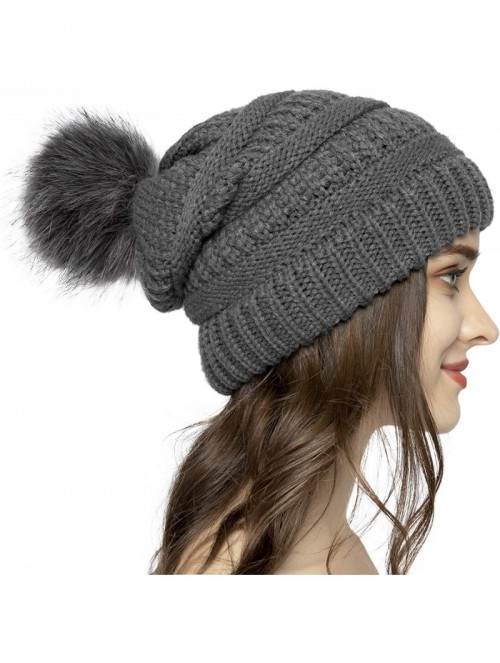 Skullies & Beanies Women Knit Beanie hat with Faux Fur Pom Pom Hats Thick Soft Warm Slouchy Chunky Baggy Ski Cap for Lady - C...