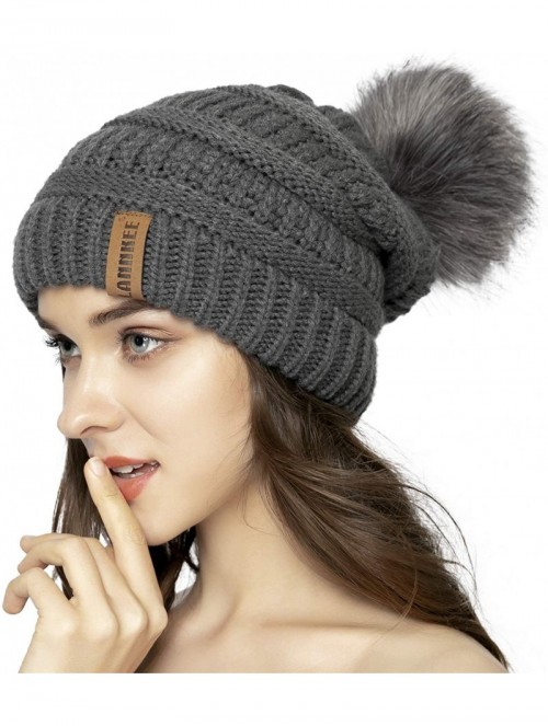 Skullies & Beanies Women Knit Beanie hat with Faux Fur Pom Pom Hats Thick Soft Warm Slouchy Chunky Baggy Ski Cap for Lady - C...