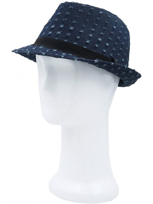 Fedoras Premium Distressed Jeans Fabric Black Band Fedora Hat - Dark Blue - CC125VM3B0J $12.74