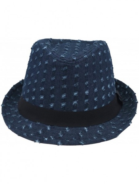 Fedoras Premium Distressed Jeans Fabric Black Band Fedora Hat - Dark Blue - CC125VM3B0J $12.74