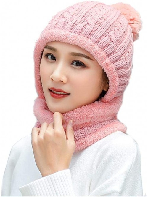 Skullies & Beanies Warm Fleece Lined Knit Hats Hood Scarf Set for Women Winter Beanie with Pom Pom - Pink - CM18LX5SI0O $14.09