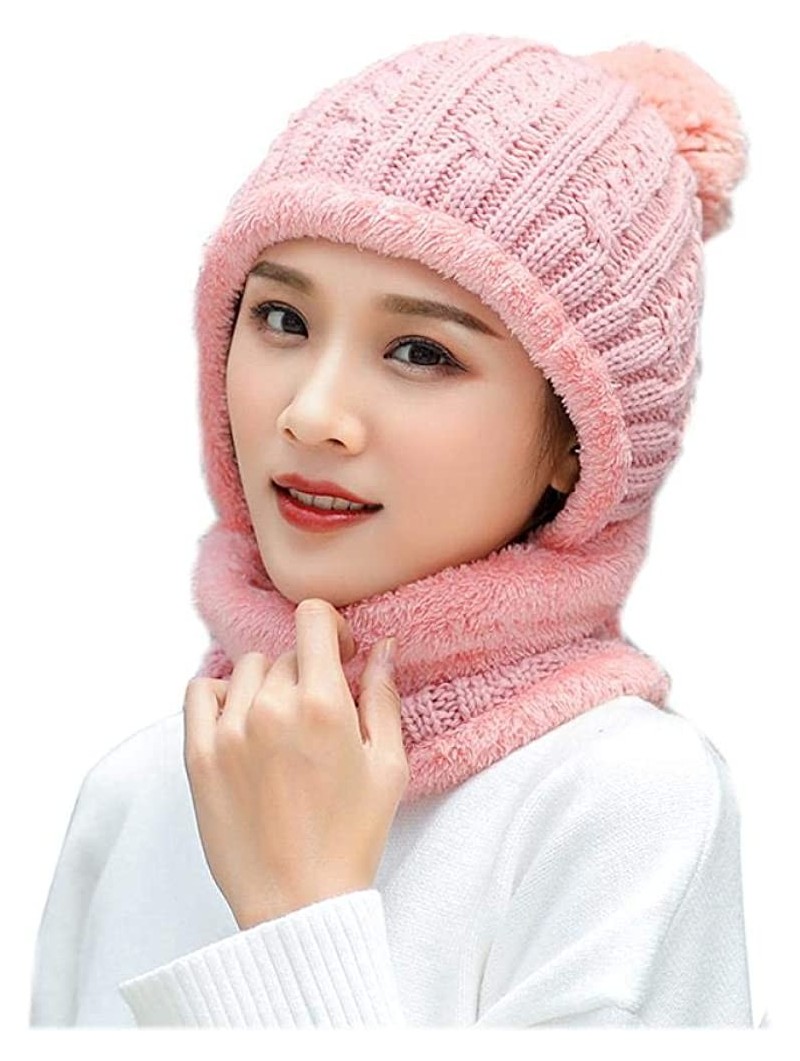 Skullies & Beanies Warm Fleece Lined Knit Hats Hood Scarf Set for Women Winter Beanie with Pom Pom - Pink - CM18LX5SI0O $14.09