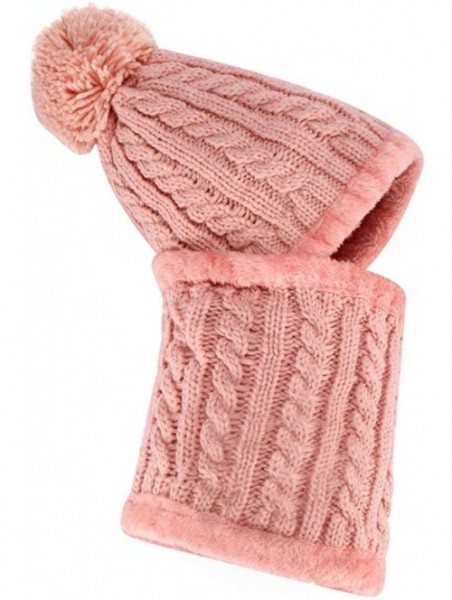 Skullies & Beanies Warm Fleece Lined Knit Hats Hood Scarf Set for Women Winter Beanie with Pom Pom - Pink - CM18LX5SI0O $14.09