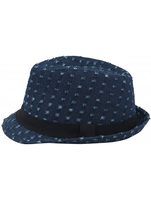 Fedoras Premium Distressed Jeans Fabric Black Band Fedora Hat - Dark Blue - CC125VM3B0J $12.74