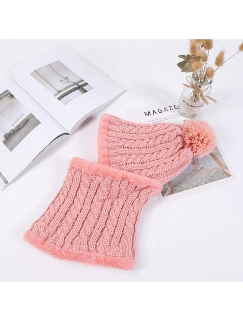 Skullies & Beanies Warm Fleece Lined Knit Hats Hood Scarf Set for Women Winter Beanie with Pom Pom - Pink - CM18LX5SI0O $14.09