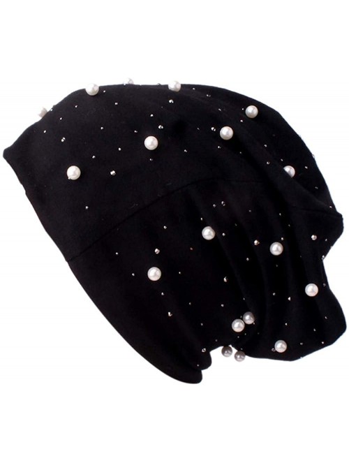 Fedoras Ladies Women Beading Pearl Inlay Ruffle Beanie Scarf Turban Wrap Cap - Black - C818LXYCOMC $11.93