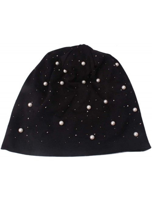 Fedoras Ladies Women Beading Pearl Inlay Ruffle Beanie Scarf Turban Wrap Cap - Black - C818LXYCOMC $11.93