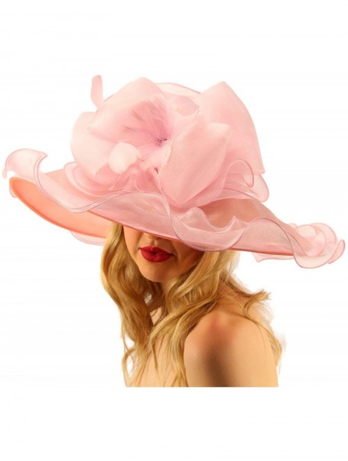 Sun Hats Superb Ruffle Edges Floral Feathers Organza Derby Floppy Wide 6" Dress Hat - Pink - CN17WX9S02X $70.92