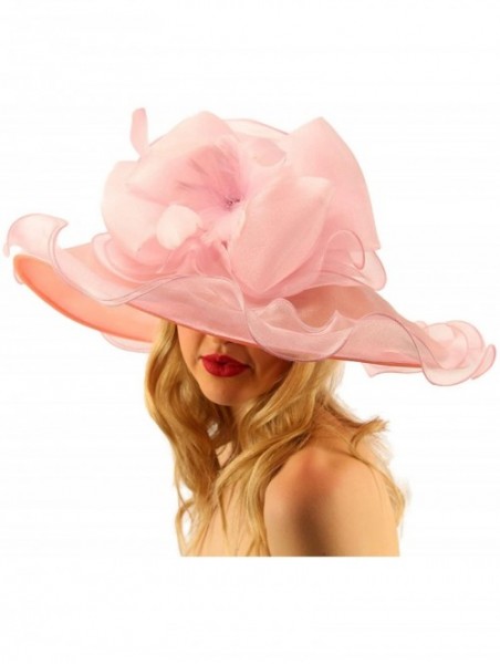 Sun Hats Superb Ruffle Edges Floral Feathers Organza Derby Floppy Wide 6" Dress Hat - Pink - CN17WX9S02X $70.92