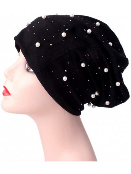 Fedoras Ladies Women Beading Pearl Inlay Ruffle Beanie Scarf Turban Wrap Cap - Black - C818LXYCOMC $11.93