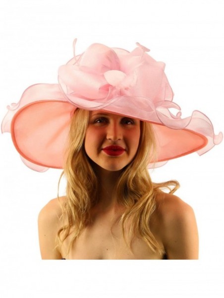 Sun Hats Superb Ruffle Edges Floral Feathers Organza Derby Floppy Wide 6" Dress Hat - Pink - CN17WX9S02X $70.92