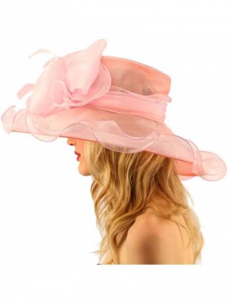 Sun Hats Superb Ruffle Edges Floral Feathers Organza Derby Floppy Wide 6" Dress Hat - Pink - CN17WX9S02X $70.92