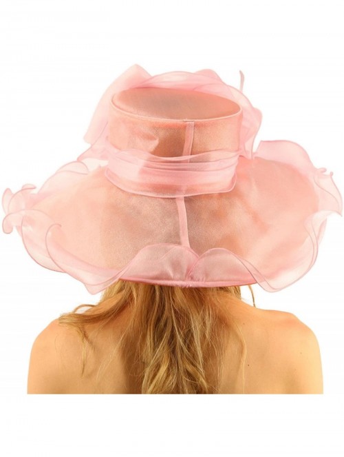 Sun Hats Superb Ruffle Edges Floral Feathers Organza Derby Floppy Wide 6" Dress Hat - Pink - CN17WX9S02X $70.92