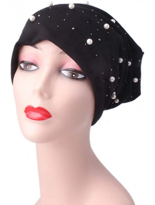 Fedoras Ladies Women Beading Pearl Inlay Ruffle Beanie Scarf Turban Wrap Cap - Black - C818LXYCOMC $11.93