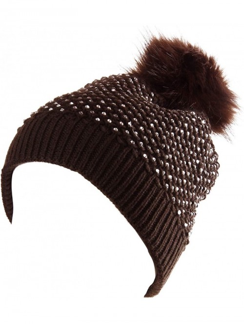 Skullies & Beanies Snuggly Knit Winter Beanie with Pom Pom Embellished with Clear Rhinestones - Brown - CD18KWGKHLW $19.66