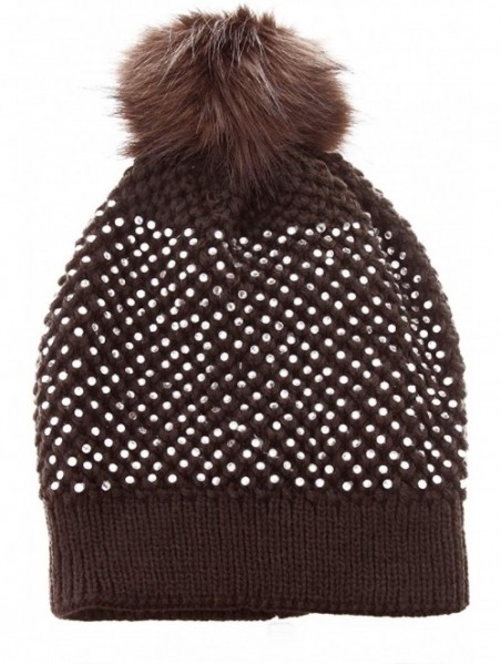 Skullies & Beanies Snuggly Knit Winter Beanie with Pom Pom Embellished with Clear Rhinestones - Brown - CD18KWGKHLW $19.66