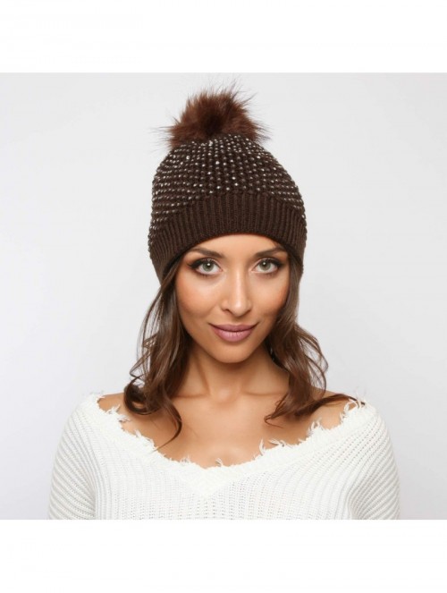 Skullies & Beanies Snuggly Knit Winter Beanie with Pom Pom Embellished with Clear Rhinestones - Brown - CD18KWGKHLW $19.66