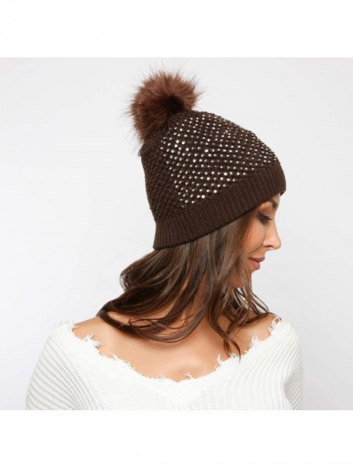 Skullies & Beanies Snuggly Knit Winter Beanie with Pom Pom Embellished with Clear Rhinestones - Brown - CD18KWGKHLW $19.66