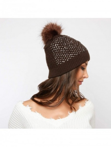 Skullies & Beanies Snuggly Knit Winter Beanie with Pom Pom Embellished with Clear Rhinestones - Brown - CD18KWGKHLW $19.66