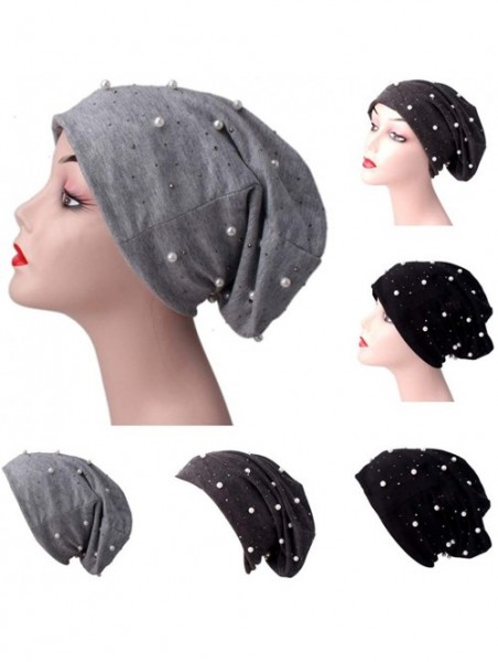 Fedoras Ladies Women Beading Pearl Inlay Ruffle Beanie Scarf Turban Wrap Cap - Black - C818LXYCOMC $11.93