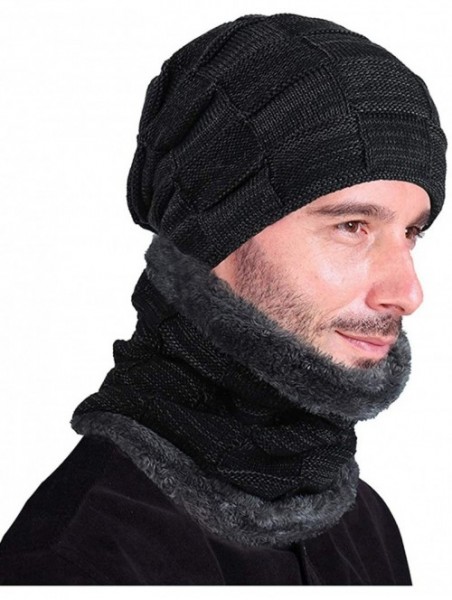 Skullies & Beanies Winter Beanie Hat Scarf Set Warm Thick Knit Hat Skull Cap for Men Women - Black - CE18M7DUAMD $11.79