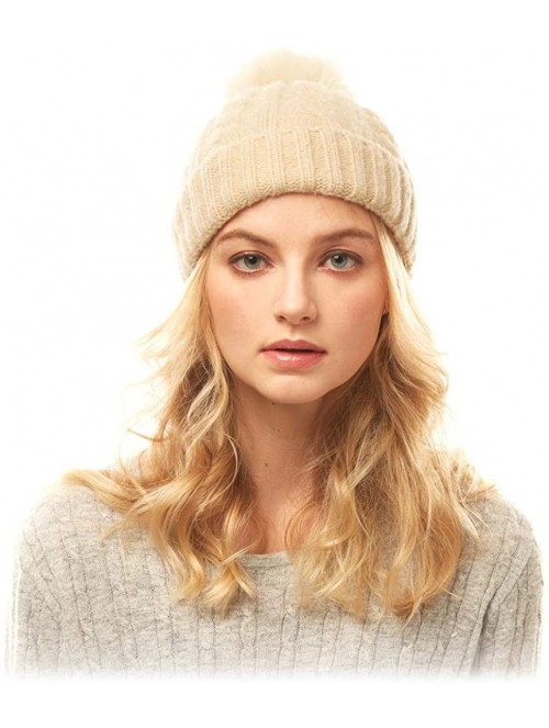 Skullies & Beanies Me Plus Women Fashion Fall Winter Soft Cable Knitted Faux Fur Pom Pom Beanie Hat - Cable Knit - Beige - CN...