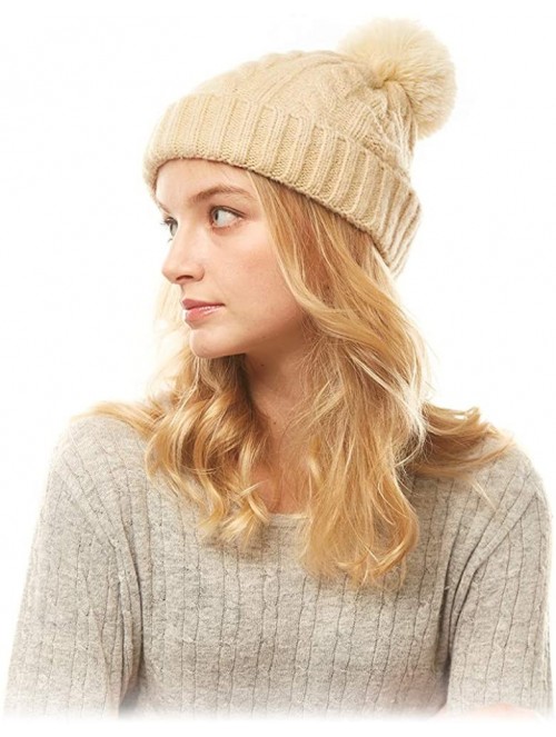 Skullies & Beanies Me Plus Women Fashion Fall Winter Soft Cable Knitted Faux Fur Pom Pom Beanie Hat - Cable Knit - Beige - CN...